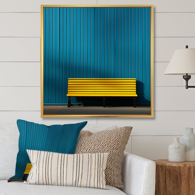 Jaune et bleu ordre linéaire zen II, H 24 po x l 24 po x P 1 po, Cadre flottant doré