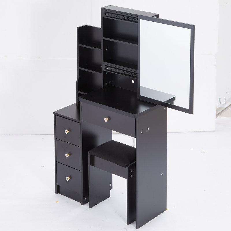 Petite coiffeuse 29,2 "avec tabouret de chevet avec très grand miroir coulissant à droite et commode de rangement grande capacité | Idée cadeau