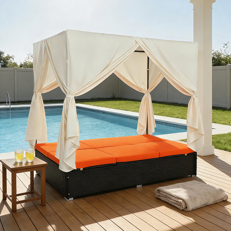 Outdoor Double Chaise Lounge Daybed With Curtains & Adjustable Backrest, Steel Frame Patio Sunbed, Orange