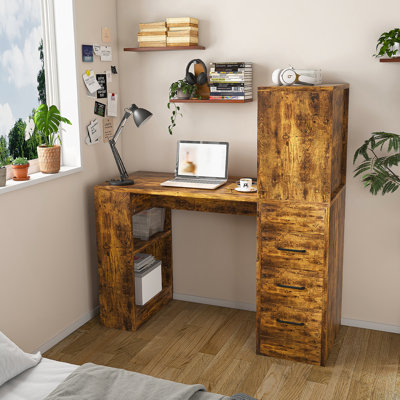Computer Desk With 4-In-1 Socket & 3 Drawers, 4-Tier Storage Shelves, Carbonized Wood Finish Laminate For Home Office, Study, Bedroom