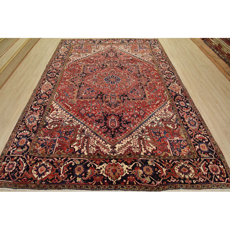 Tapis oriental rétro en laine rouge noué à la main 9 pi 7 po x 12 pi 5 po Tribal