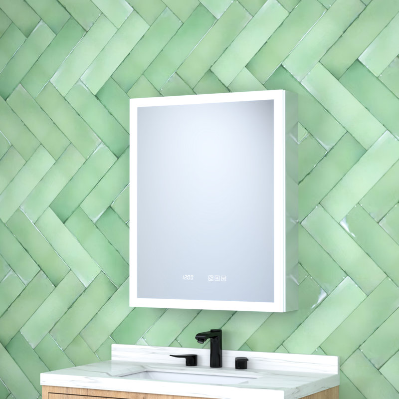 24 po L x H 30 H Armoire à pharmacie en aluminium à fixation en surface avec miroir, DEL, horloge, plateau à détection automatique haute définition, armoire à tablettes réglables, bandes à densité de DEL, charnières silencieuses,