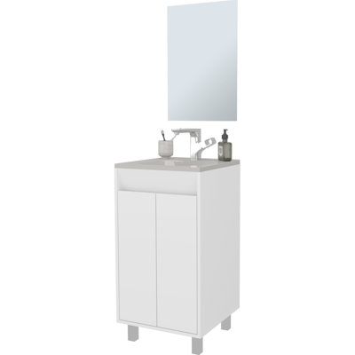 2-Door White Bathroom Cabinet With Integrated Sink, Tenacious Metal Legs, 34.1 Inches High, 17.8 Wide And Deep, Particle Board Design 2 Doors Prolonged In Height, Width Depth, Configuration
