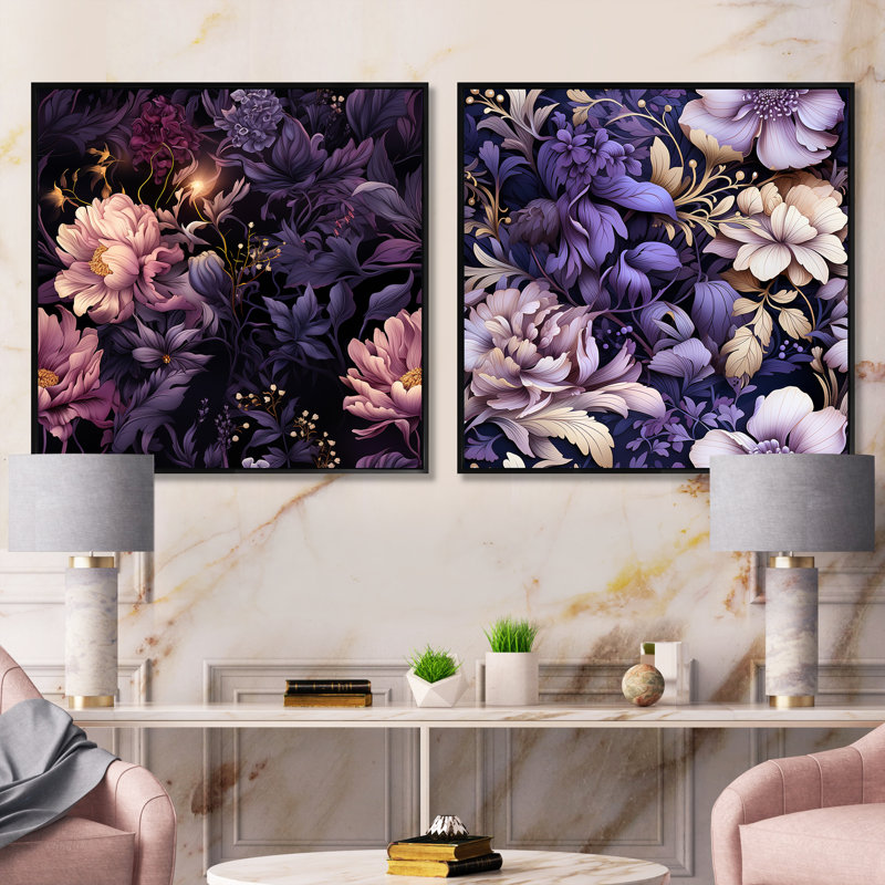 Athey - Ensemble de 2 collages carrés floraux, Cadre flottant noir, H 16 po x l 33 po