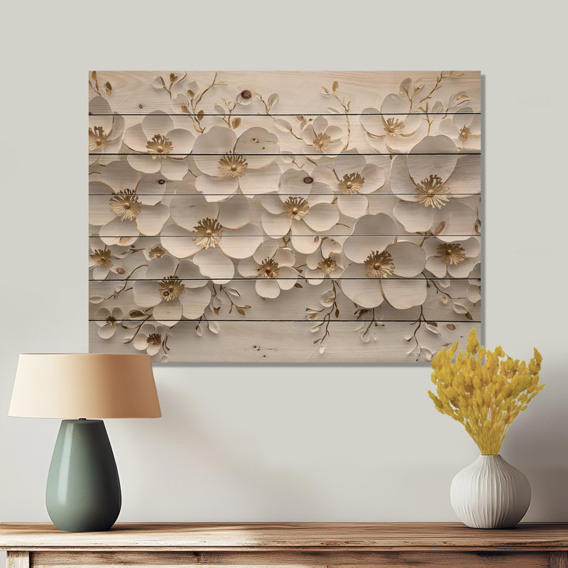 Wildflowers Golden Creamy Blossoms In The Wild IV - Wildflowers Wood Wall Decor On Natural Pine Wood, 34" H x 44" W x 0.78" D