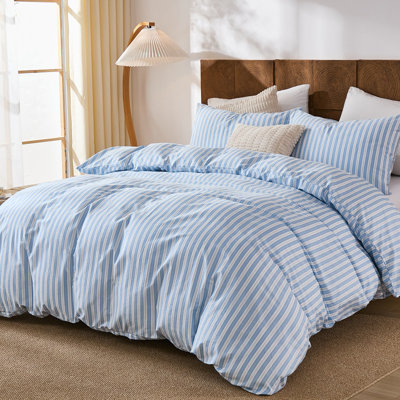 Ensemble d'édredon à rayures bleues et blanches pour grand lit, literie 100% coton à texture de lin avec rayures verticales classiques, édredon léger et réversible pour toutes les saisons