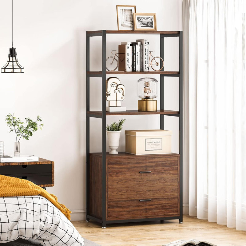 Bookcase, 4-Tier Bookshelf With 2 Drawers, Etagere Standard Book Shelves Display Shelf For Home Office, Brun rustique