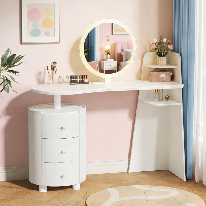 Coiffeuse avec miroir rond à DEL 3 couleurs, armoire de rangement cylindrique rotative à 3 niveaux, meuble-lavabo de luxe léger, assemblage facile