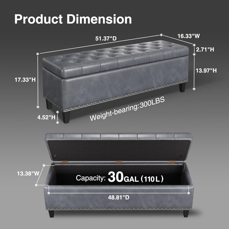 Madalie Faux Leather Upholstered Storage Bench, Gray