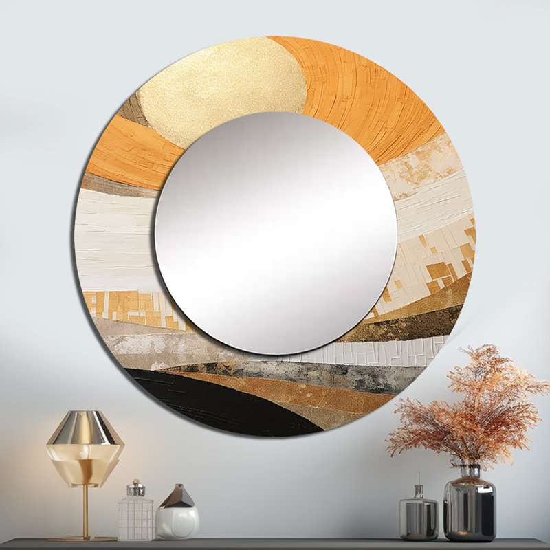 «Sawsan» géométrique doré coucher de soleil harmonie II - miroir traditionnel unique, grand miroir mural rond beige, impression d'art en métal
