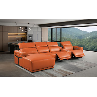 Canapé modulaire en forme de L 5 pièces Camel en cuir italien de première qualité avec 2 fauteuils inclinables électriques et appuis-tête réglables Camel