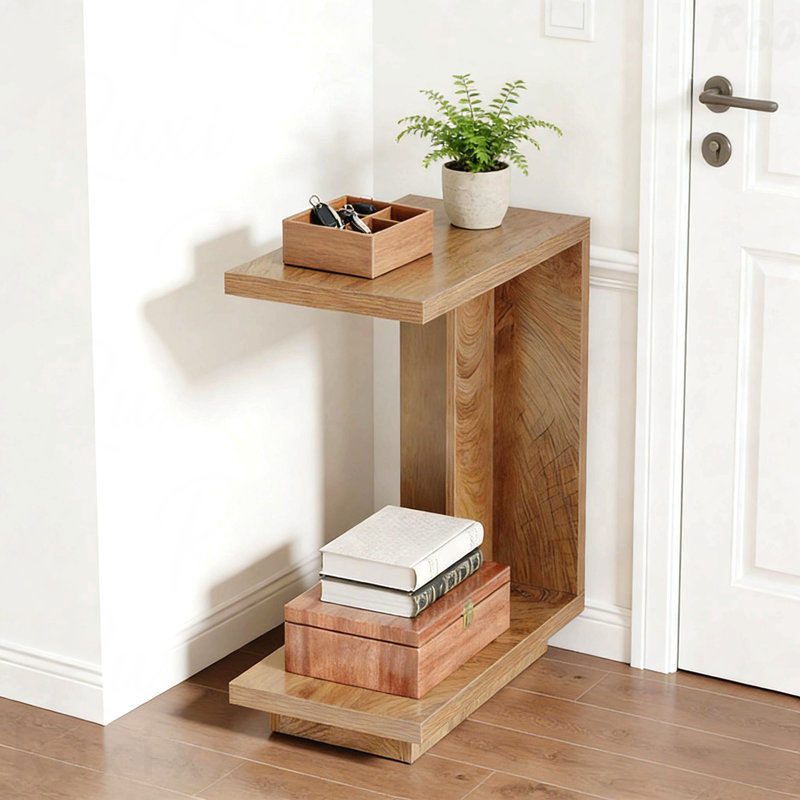 Table de bout d'appoint moderne en bois en C avec tablettes doubles
