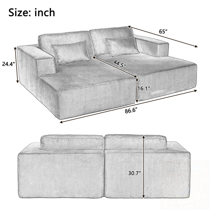 Corduroy Double Sofa Bed With 2 Pillows, White Corduroy