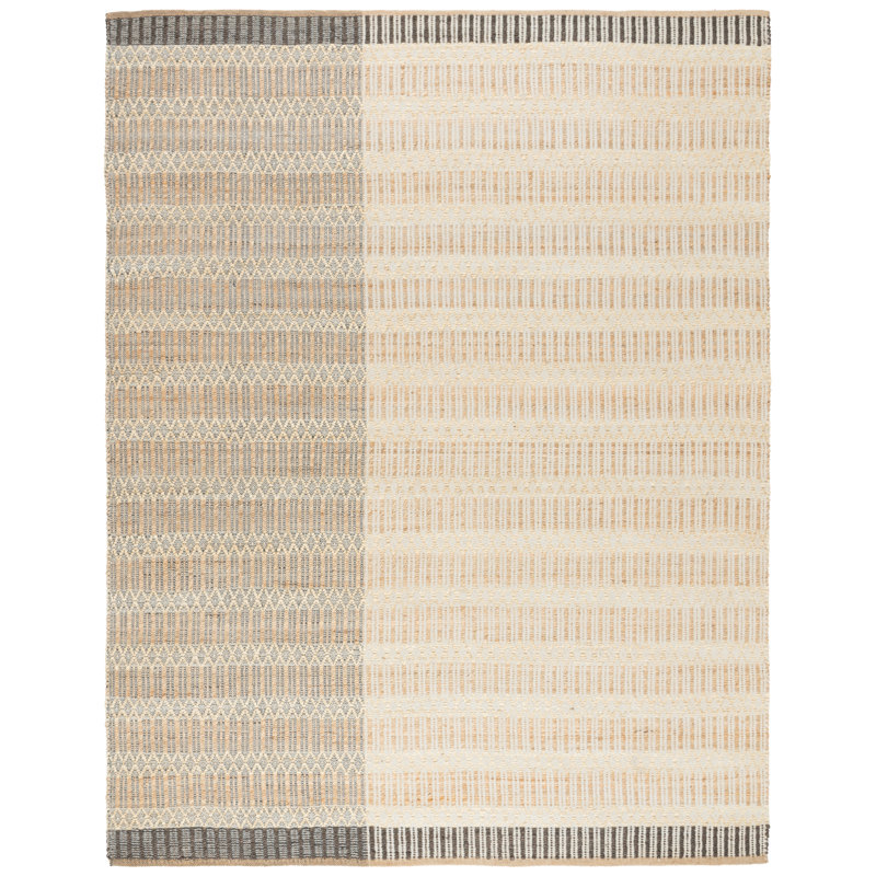 Tapis rayé tissé à la main et tissé à plat en naturel / gris anthracite, Rectangle 8 pi x 10 pi