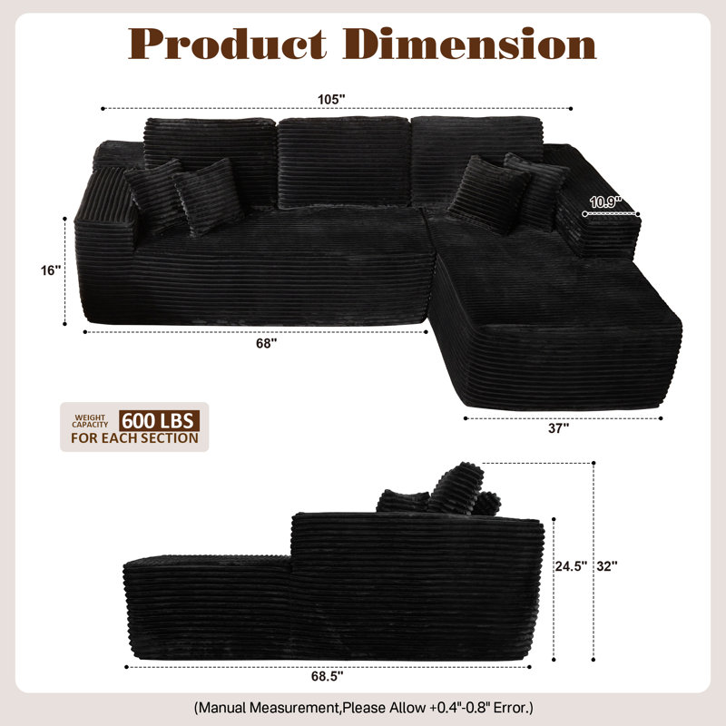 Boneless 105" 2 - Piece Upholstery Compression Sofa with 3 Seats, Corduroy Sectional Couch, No Assembly Required, Black Plush