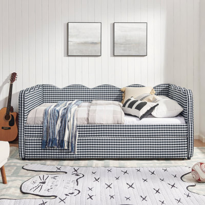 Lit de jour en vichy douillet avec couchette sans sommier, avec port USB et adorable tissu en forme de vague