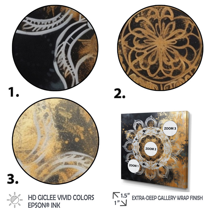 Mandala blanc et or III sur toile, Cadre d'angle fermé noir, H 16 po x l 16 po x P 1 po