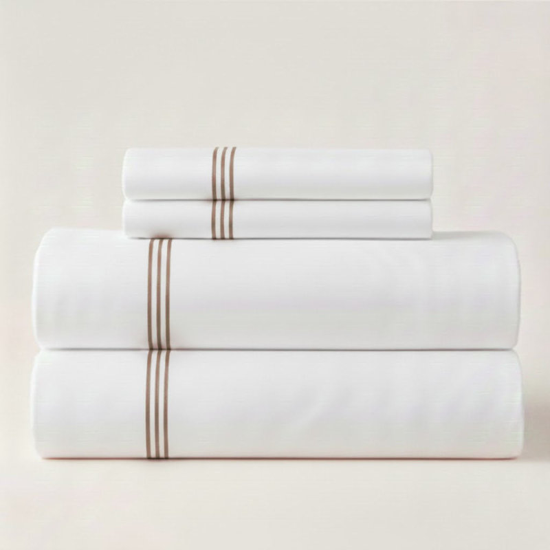 500TC Cotton Triple Embroidery Sateen Solid Cotton 4 Piece Sheet Set Fitted Sheet Fits Upto 16" Deep Pocket, Chocolate Border