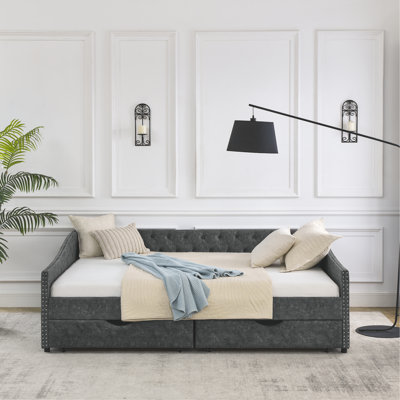 Queen Size Daybed With Drawers Upholstered Tufted Sofa Bed, With Button On Back And Copper Nail On Waved Shape Arms