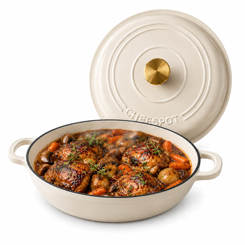 Cocotte ronde en fonte émaillée de 3,5 litres avec couvercle auto-arrosant et poignées en boucle (crème), Crème
