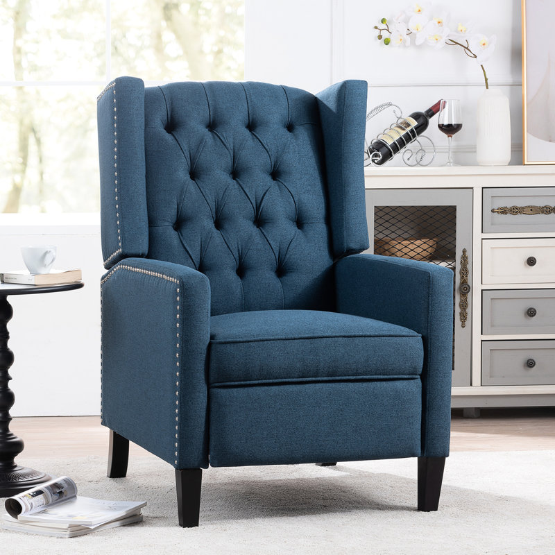 Fauteuil à oreilles inclinable manuel de 27,29 po de largeur en bleu - textile délavé, dossier haut avec boucle de traction, 3 vitesses réglables pour une utilisation à long terme, cadre intérieur en bois massif et contreplaqué, rembourrage en mousse à ressorts