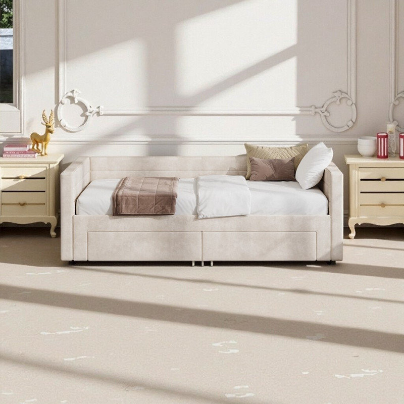 Lit de jour extensible simple à très grand avec couchette en chenille Alano et tiroirs de rangement, Beige