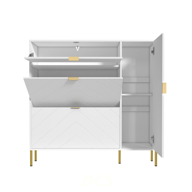 MDF Shoe Storage Cabinet With Flip-Up Drawers And Shelves(White), Shoe Storage, White