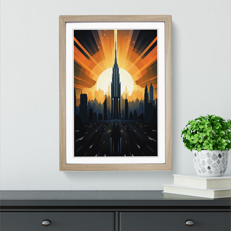 Skyline Art Deco No.3 - Single Picture Frame Print on Wood, Oak, 34cm H x 25cm W x 2cm D