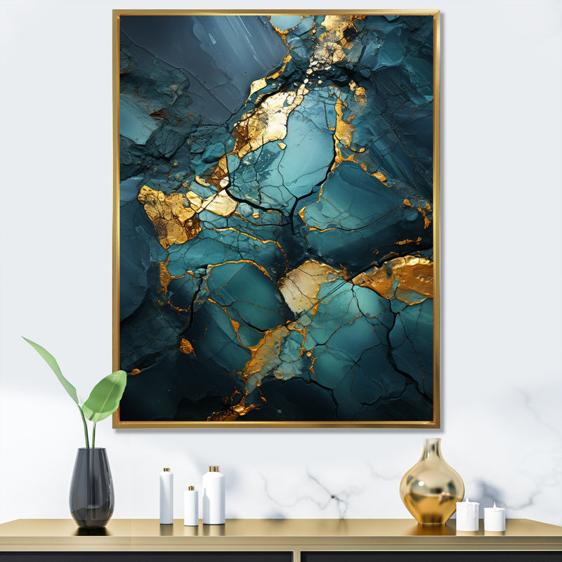 Marbre doré et vert abstrait Aura VI - décoration murale en marbre, Cadre simple noir, H 44 po x l 34 po x P 1,5 po