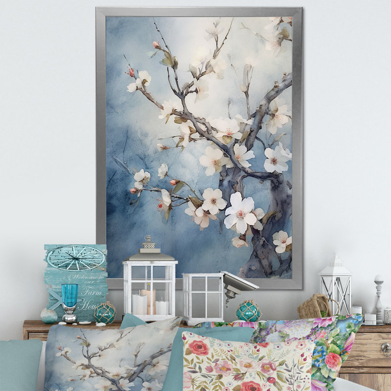 «Blue and Gray Cherry Blossoms Sapphire», reproduction d'art sur toile, H 32 po x l 24 po x P 1 po, Cadre flottant doré