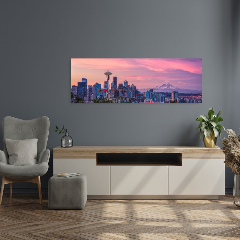 «Seattle Sunset Cityscape Vibrant Abstract Contemporary City Landscape», art mural, H 16 po x l 48 po