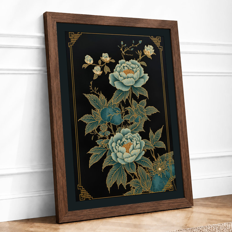 Peonies and Gold Botanical - Framed Print, A2 - 59.4 x 42.0 cm, Walnut