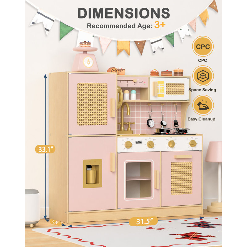 Wooden Kitchen Playset For Kids, Pretend Play Kitchen With Lights & Sounds, Retro Style Toy Kitchen, Pink