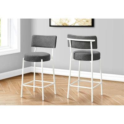 Contemporain, de 2, hauteur de comptoir, tissu gris, métal blanc, cuisine, moderne, rembourré incurvé, siège en mousse rembourré épais et rond, fabrication, pieds en métal minces, repose-pieds 2 en tissu et pour