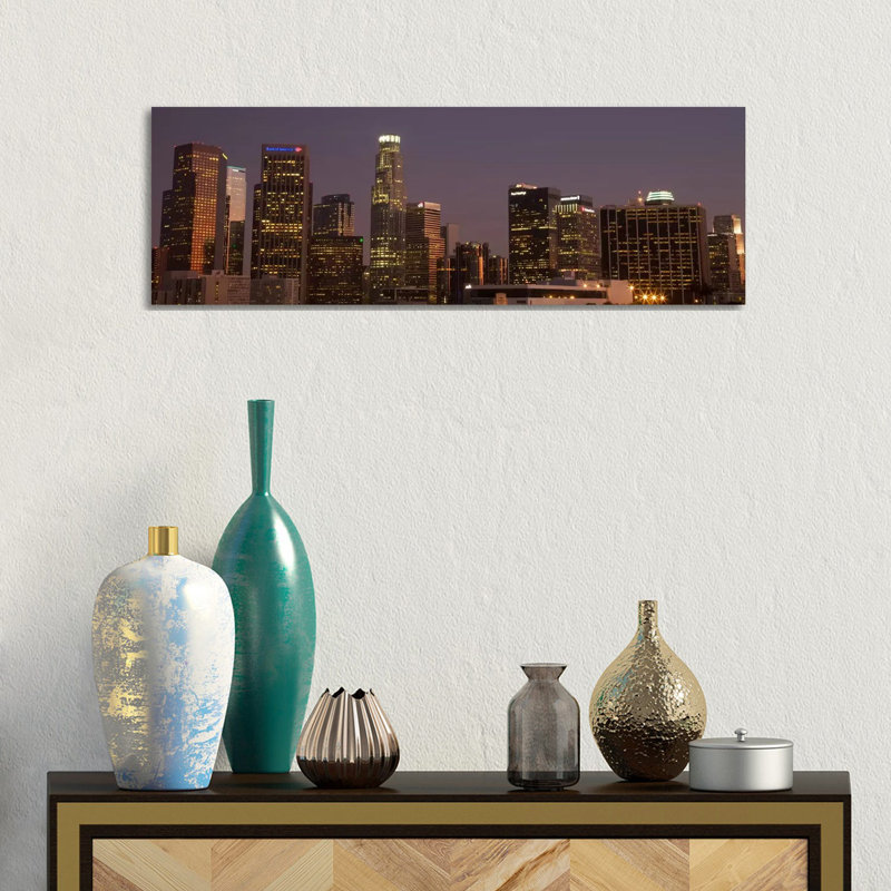 Los Angeles Panoramic Skyline Cityscape (Night) by Unknown Artist - Wrapped Canvas Panoramic Print