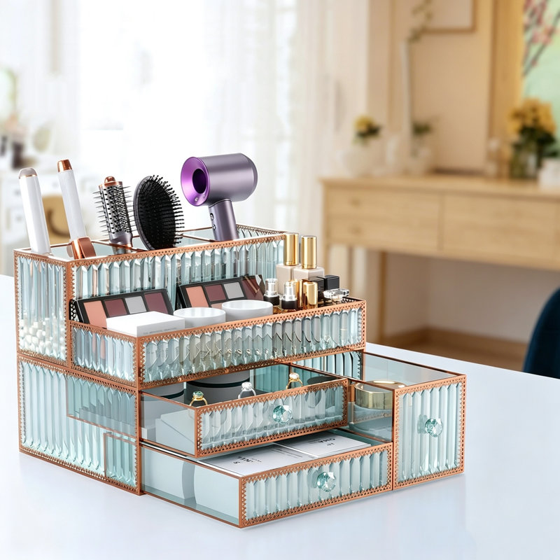 Makeup Organizer for Vanity,Tempered Glass Hair Dryer and Styling Holder,Bathroom Organizer