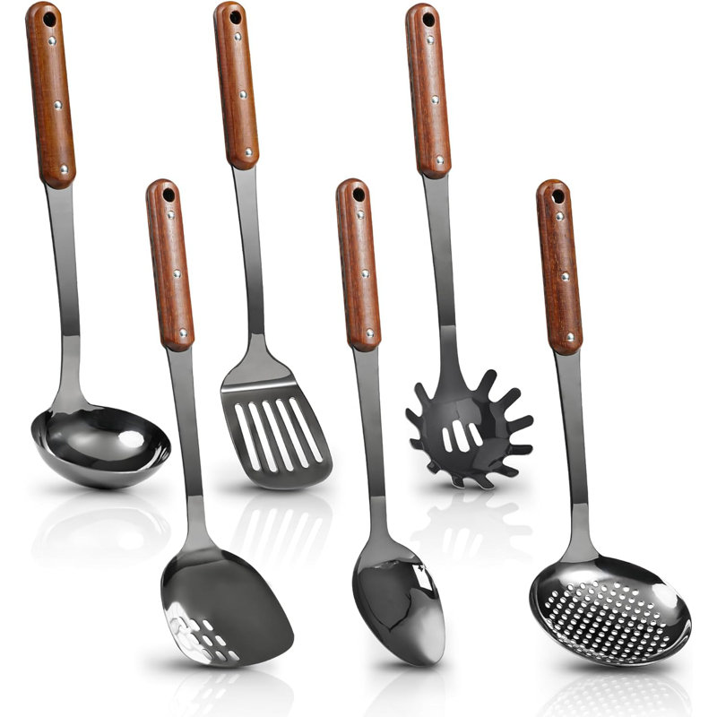 Ensemble d'ustensiles de cuisine 6 pièces en acier inoxydable poli miroir avec poignée en bois Ensemble d'ustensiles de cuisine résistant à la chaleur