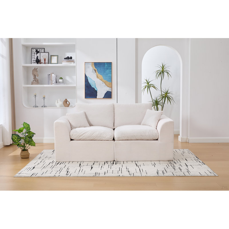 80''W Corduroy Modern Compressed Block Couch, Beige