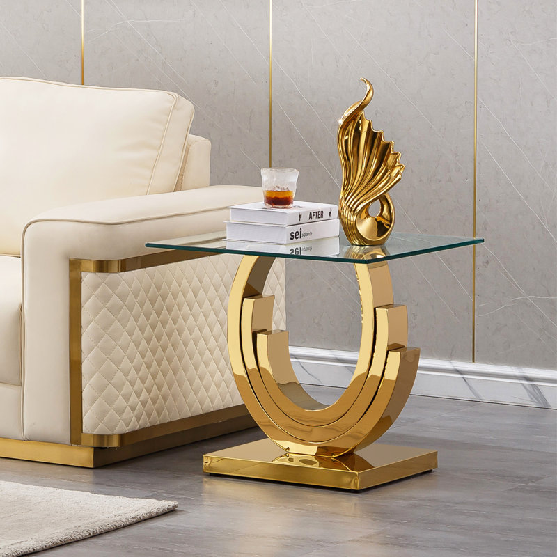 Table de bout carrée de luxe, table d'appoint en verre de 22,8 po avec cadre en acier inoxydable et plateau en verre transparent, table basse à cocktail, table de bout moderne en verre pour bureau à domicile
