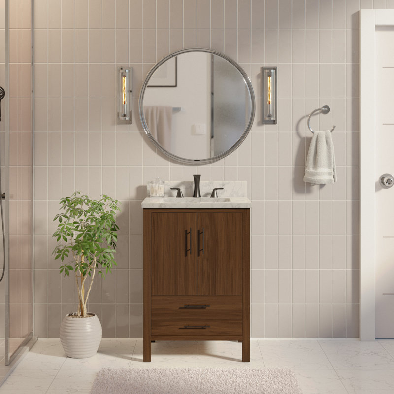 Ensemble de meuble-lavabo simple 24 po Kiara, Noyer, Marbre de Carrare
