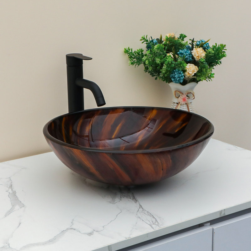 16.5" Circular Glass Bathroom Sink Vessel Sink with Pop-Up Drain
