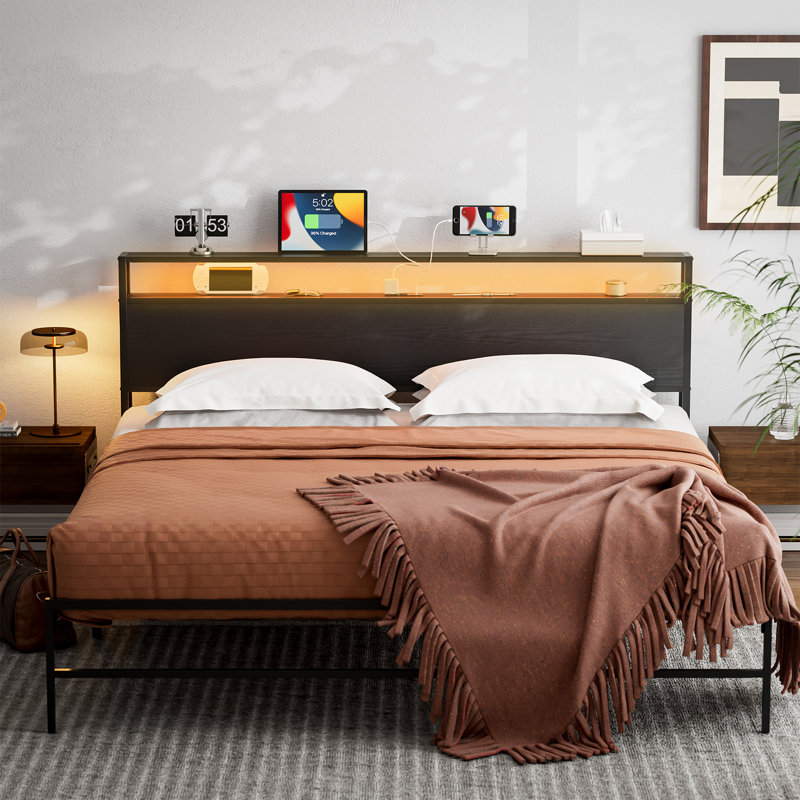 Anasofia Storage Headboard with Led Lights and Charging Station, Black, King