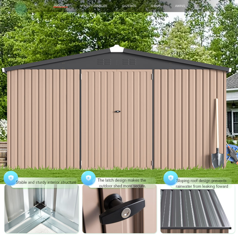 12' x 12' Metal Storage Shed  With Design Of Lockable Doors, Gray