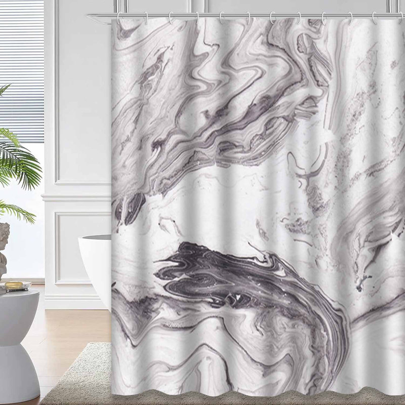 Rideau de douche à encre en marbre avec encre en marbre blanc psychédélique à architecture abstraite avec 12 crochets