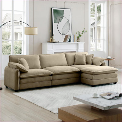 Canapé modulaire | Fauteuil en L surdimensionné à 3 places avec repose-pieds, rétro moderne pour le salon | Brun clair | Velours côtelé