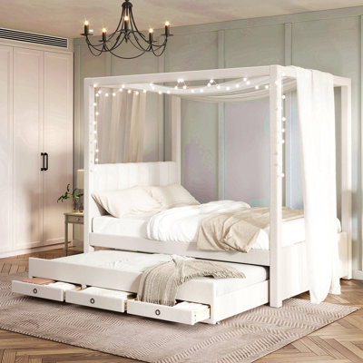 Lit plateforme double à baldaquin avec lit gigogne et trois tiroirs de rangement, beige