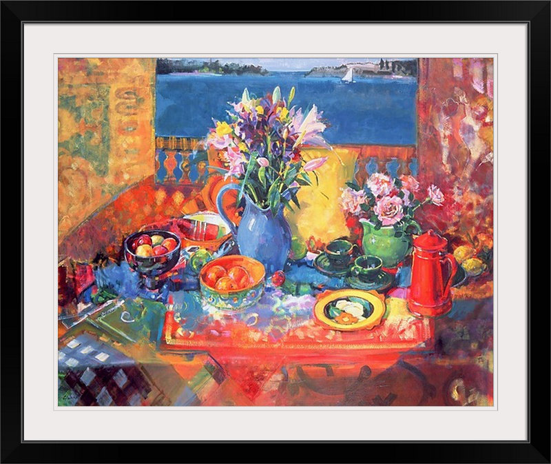 «Anjuman The balcon Table» par Peter Graham, reproduction d'art, H 24 po x l 28 po x P 1 po, Cadre noir