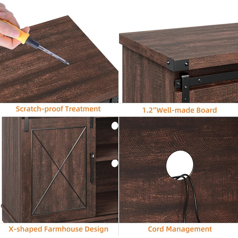 Brown Farmhouse TV Stand with Sliding Barn Doors and Adjustable Shelves