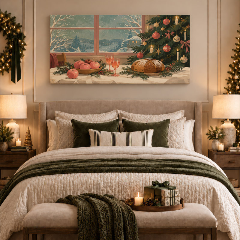 Red Apples and Bread by Snowy Window Christmas Canvas Wall Art, 32“W x 16”H