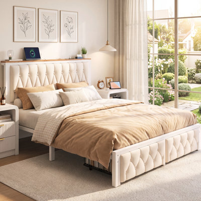 Upholstered Platform Bed Frame With Footboard Storage Drawers & USB Charging Station
